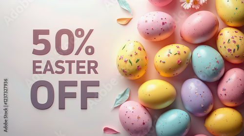 Colorful Easter eggs are placed artfully on a light surface with a promotional sale announcement. The scene is perfect for festive marketing and holiday displays