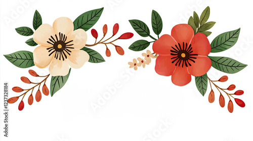 A vibrant floral arrangement featuring red and cream flowers with green leaves on a white isolated background. Perfect for various design projects.