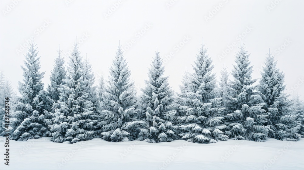 A line of snow-covered pine trees against a white background. AI generative. . A line of snow-covered pine trees against a white background. AI generative. .