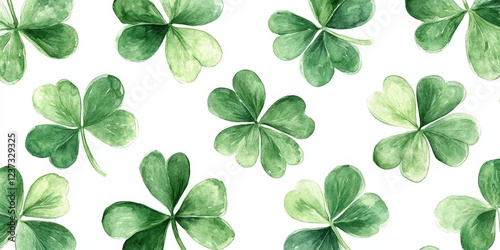 A seamless pattern of watercolor-style green clovers on a white background. Perfect for St. Patrick's Day designs, festive prints, wallpapers, and digital art.