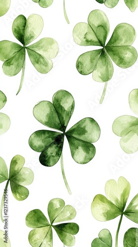 A seamless pattern of watercolor-style green clovers on a white background. Perfect for St. Patrick's Day designs, festive prints, wallpapers, and digital art.