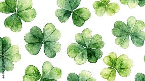 A seamless pattern of watercolor-style green clovers on a white background. Perfect for St. Patrick's Day designs, festive prints, wallpapers, and digital art.