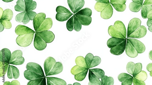 A seamless pattern of watercolor-style green clovers on a white background. Perfect for St. Patrick's Day designs, festive prints, wallpapers, and digital art.