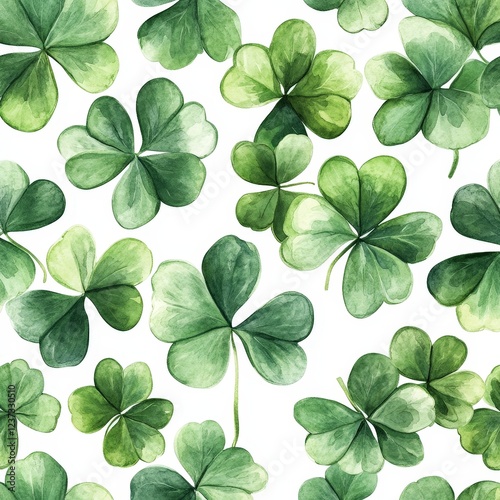 A seamless pattern of watercolor-style green clovers on a white background. Perfect for St. Patrick's Day designs, festive prints, wallpapers, and digital art.
