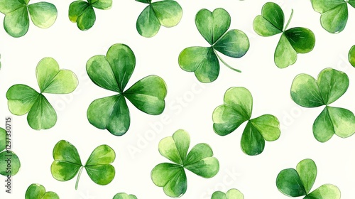 A seamless pattern of watercolor-style green clovers on a white background. Perfect for St. Patrick's Day designs, festive prints, wallpapers, and digital art.