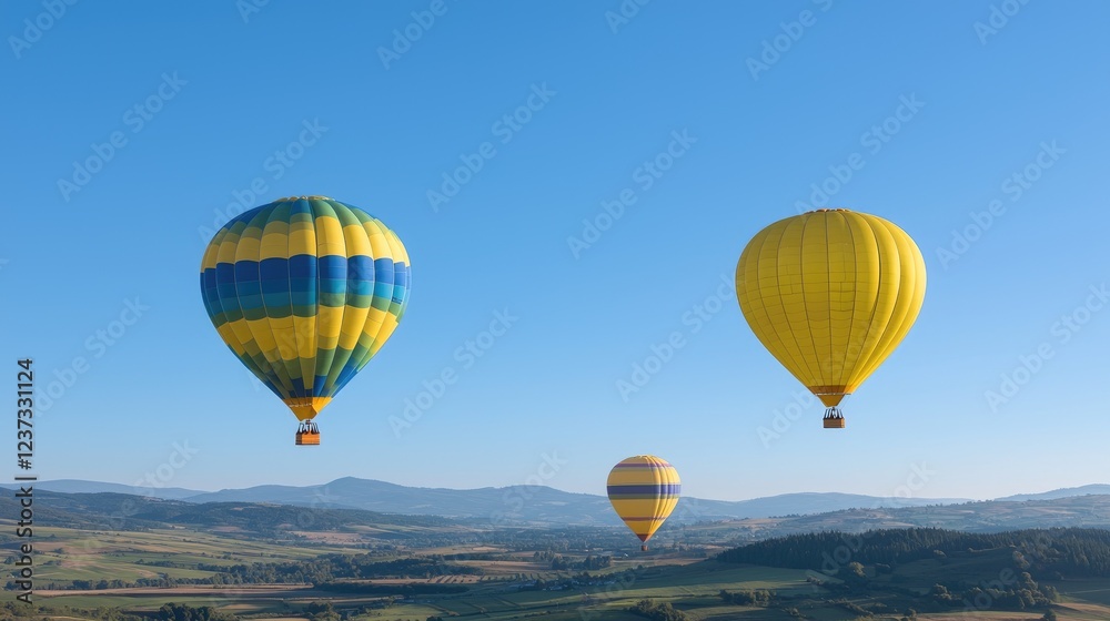 Fototapeta premium Hot air balloons soar over scenic hills