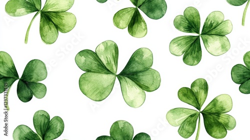 A seamless pattern of watercolor-style green clovers on a white background. Perfect for St. Patrick's Day designs, festive prints, wallpapers, and digital art.