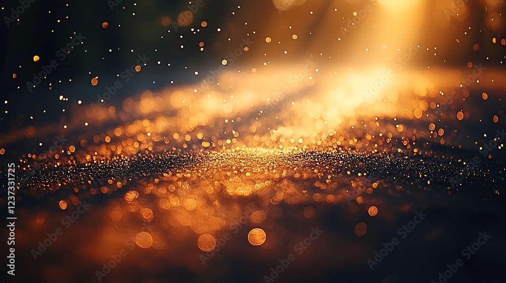 Naklejka premium Golden glitter sparkles, dark background, bokeh lights, festive backdrop.