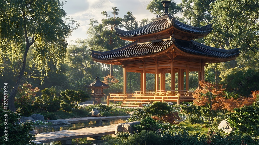 Tranquil Japanese Garden with Wooden Pavilion Tranquil Japanese Garden with Wooden Pavilion