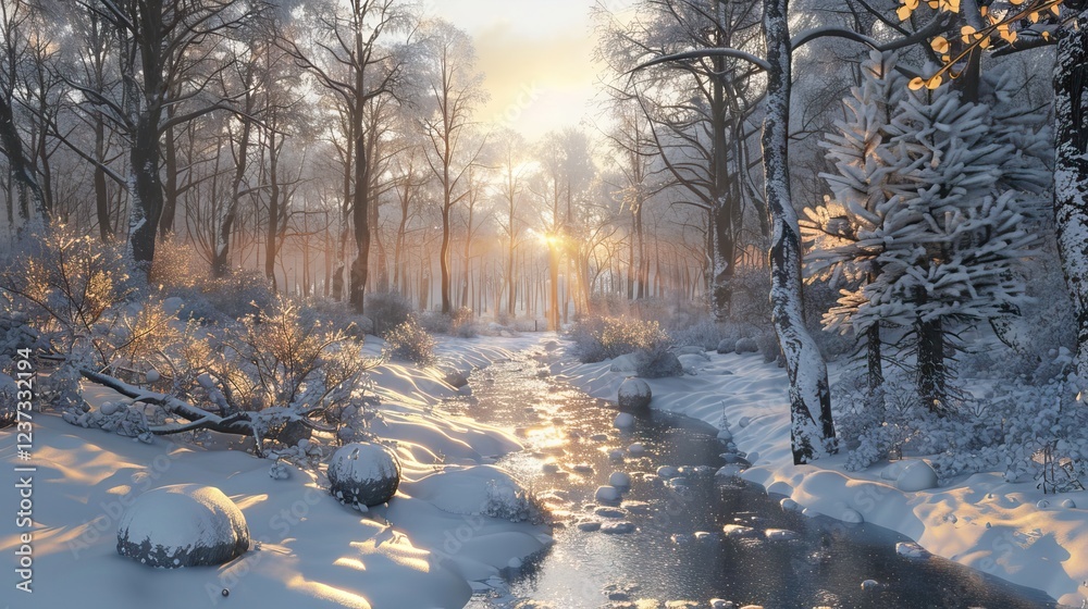 Serene Winter Forest with Snow-Covered Trees and a Frozen Stream. AI generated illustration