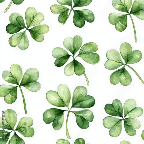 A seamless pattern of watercolor-style green clovers on a white background. Perfect for St. Patrick's Day designs, festive prints, wallpapers, and digital art.