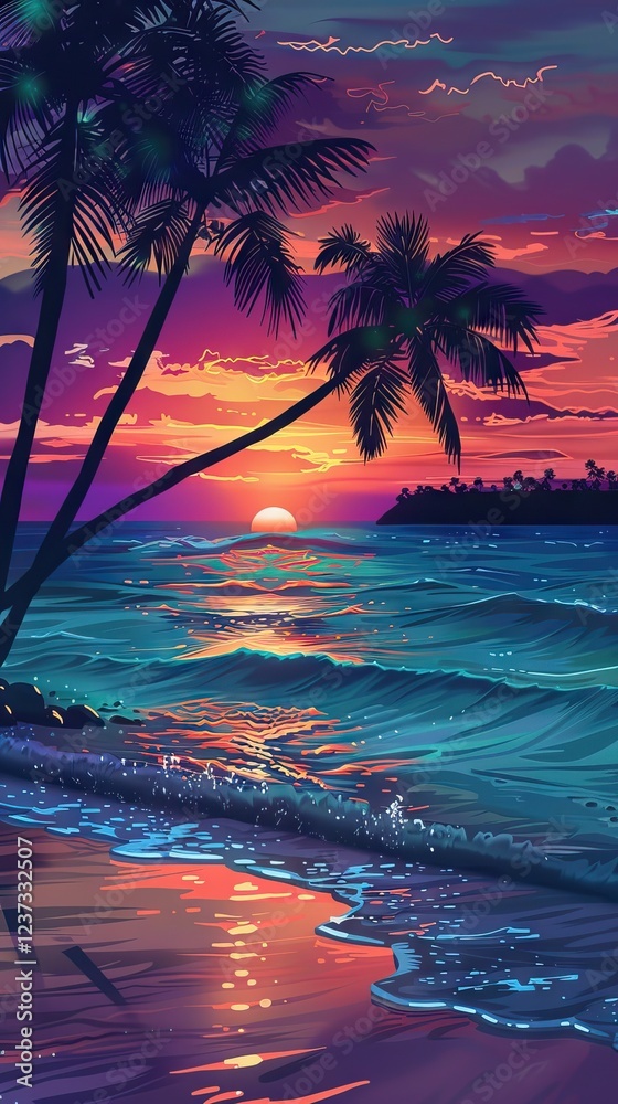 Tropical Island Sunset with Palm Trees and a Hammock. AI generated illustration