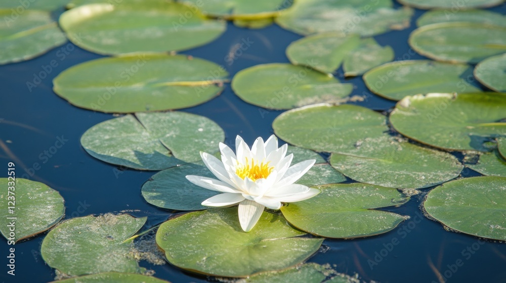 A serene water lily displays its beauty on a tranquil body of water, framed by floating green leaves, reflecting the peaceful atmosphere A serene water lily displays its beauty on a tranquil body of water, framed by floating green leaves, reflecting the peaceful atmosphere
