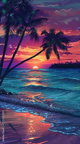 Obraz na płótnie Tropical Island Sunset with Palm Trees and a Hammock. AI generated illustration w salonie