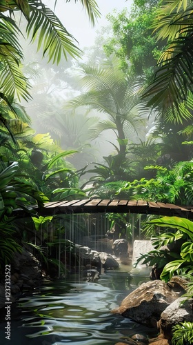 Tropical Rainforest with Dense Foliage and a Wooden Footbridge. AI generated illustration