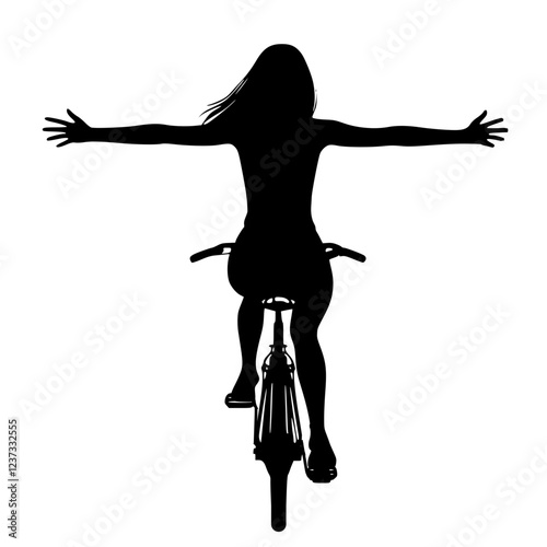 Silhouette woman spreading her arms while riding a bicycle, woman riding a bicycle while taking her hands off the handlebars