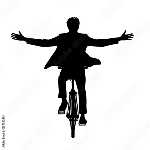 Silhouette man spreading his  arms while riding a bicycle, man riding a bicycle while taking his hands off the handlebars