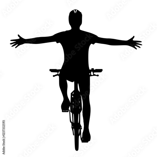 Man riding a bicycle with both hands off the bicycle handlebars silhouette