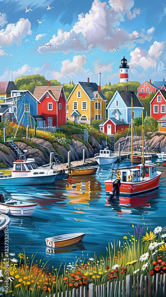Vibrant Coastal Town with Brightly Colored Houses and Boats Docked at the Marina. AI generated illustration