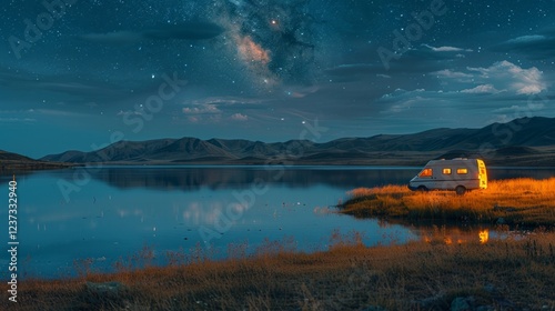 A camper van sits by a calm lake under a starry sky with the Milky Way visible. AI generative. .
