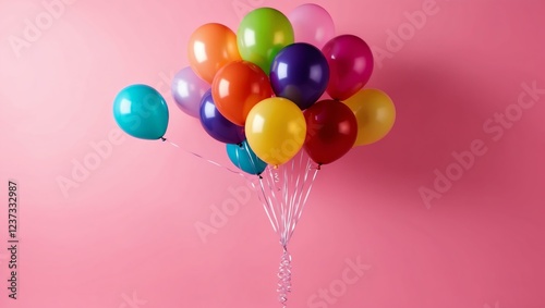 floating colorful balloons on plain pink background with space for text