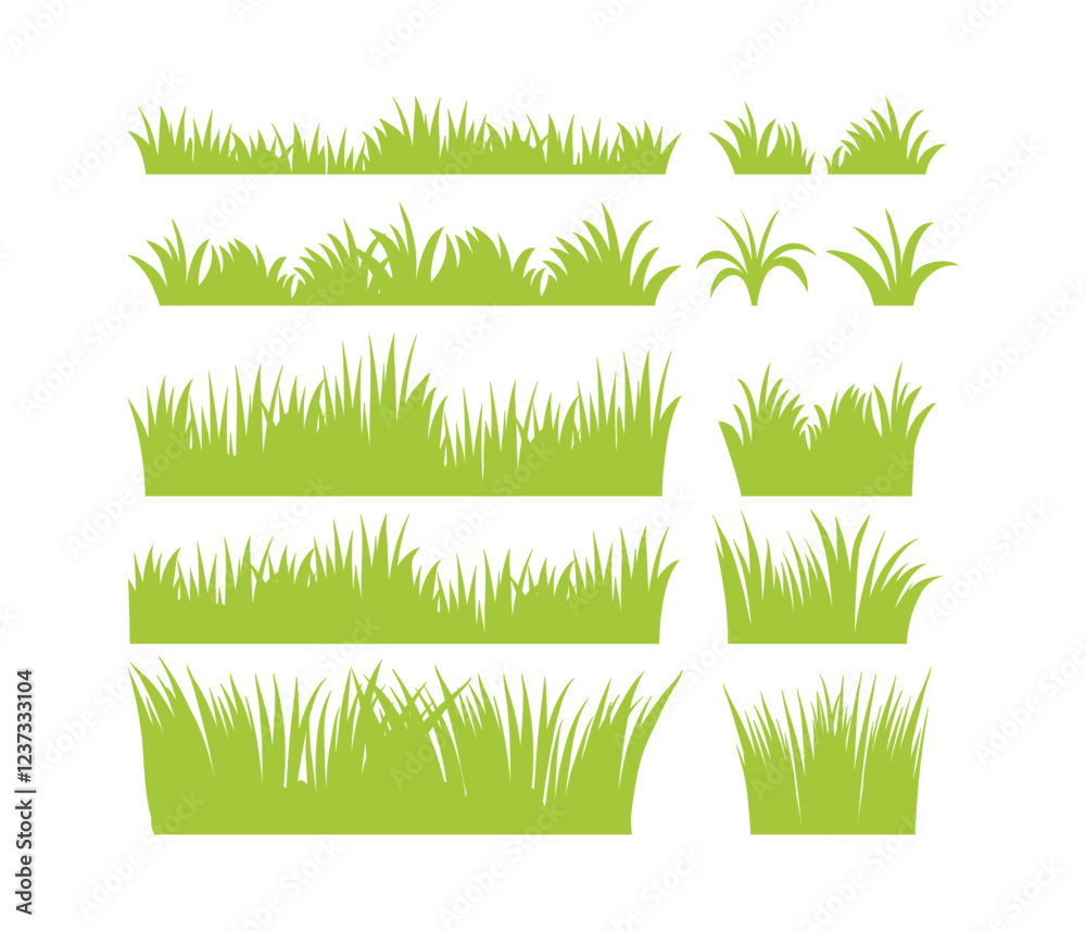 Fototapeta premium Set of green grass designs isolated on white background. flat vector illustration.