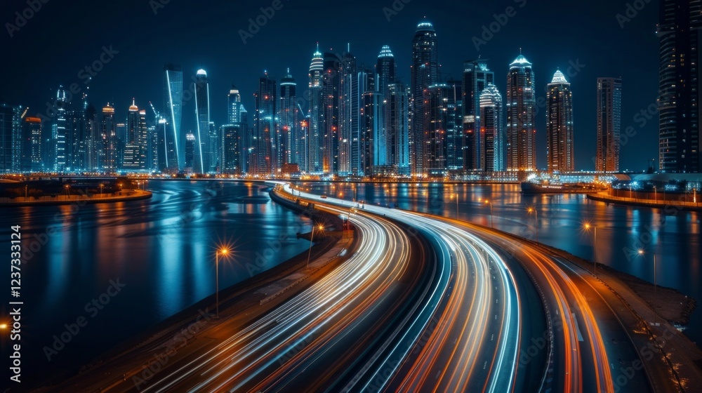 Fototapeta premium A highway curves through a modern city skyline with light trails, reflected in the water. AI generative. .