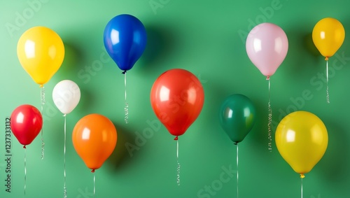 floating colorful balloons on plain green background with space for text