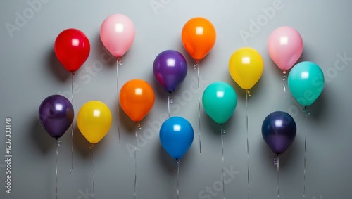 floating colorful balloons on plain gray background with space for text