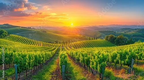 Wallpaper Mural Vineyard at sunset with rolling hills and bright golden light. AI generative. . Torontodigital.ca
