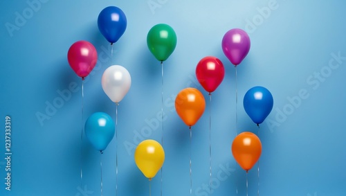 floating colorful balloons on plain blue background with space for text