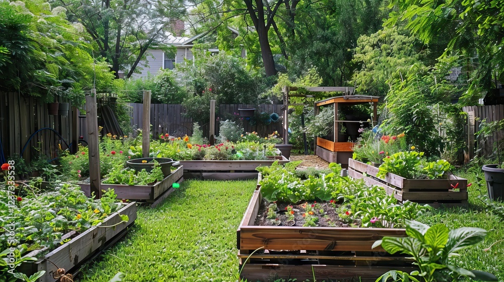 community allotment gardens in summer. AI generated illustration
