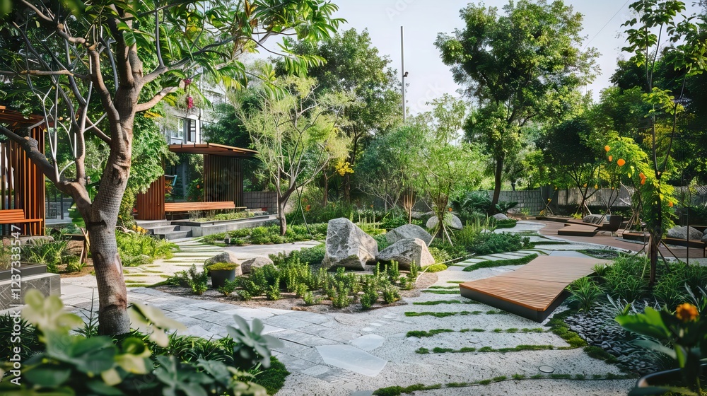 beautiful green park landscape architecture. AI generated illustration