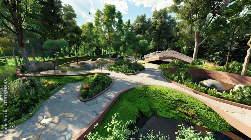 beautiful green park landscape architecture. AI generated illustration