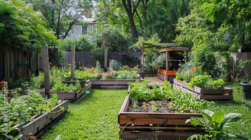 Obraz na płótnie community allotment gardens in summer. AI generated illustration w salonie