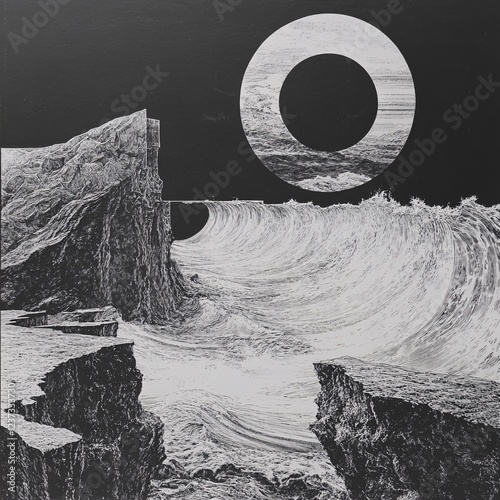 Dramatic Black and White Engraving of Cliffs, Ocean Wave, and Circle, stark contrast, vintage style, intricate details, powerful, majestic