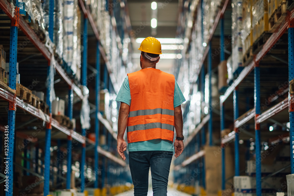 Warehouse worker walking through large distribution warehouse with shelves full of goods Warehouse worker walking through large distribution warehouse with shelves full of goods