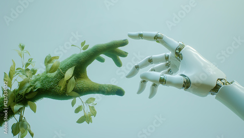 Futuristic concept of nature and technology with a robotic hand reaching for a green organic hand covered in leaves, AI and environment connection