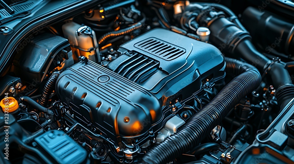Fototapeta premium Powerful car engine close-up, detailed components, automotive technology, industrial background.