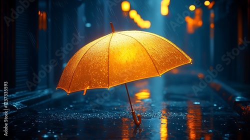 Rainy night, city alley, yellow umbrella, wet street, urban scene, mood.