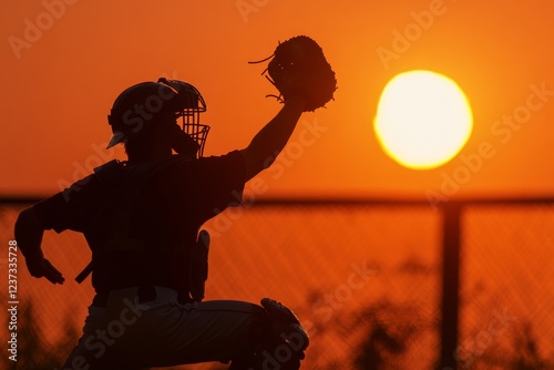 Baseball catcher silhouette against stunning sunset