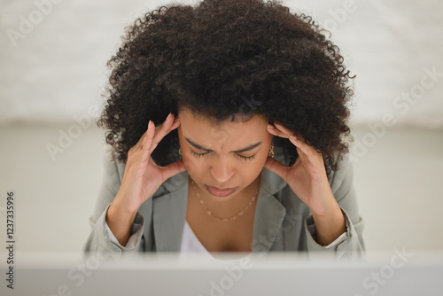 Headache, computer and business woman with fatigue, exhausted and pain with 404 error. Frustrated, office and tired girl with stress, anxiety and burnout for internet crisis and receptionist strain