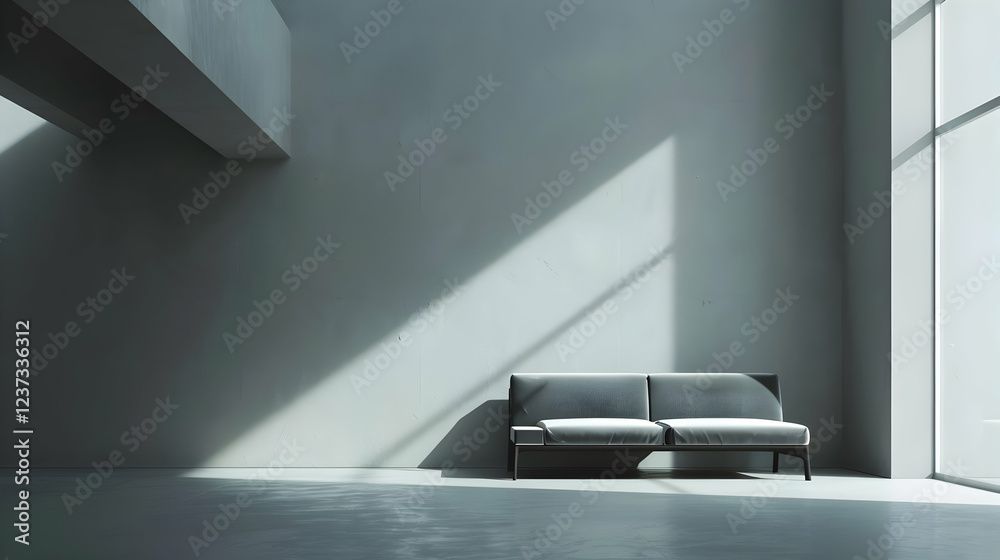 Fototapeta premium A minimalist interior featuring a sofa illuminated by natural light through large windows.