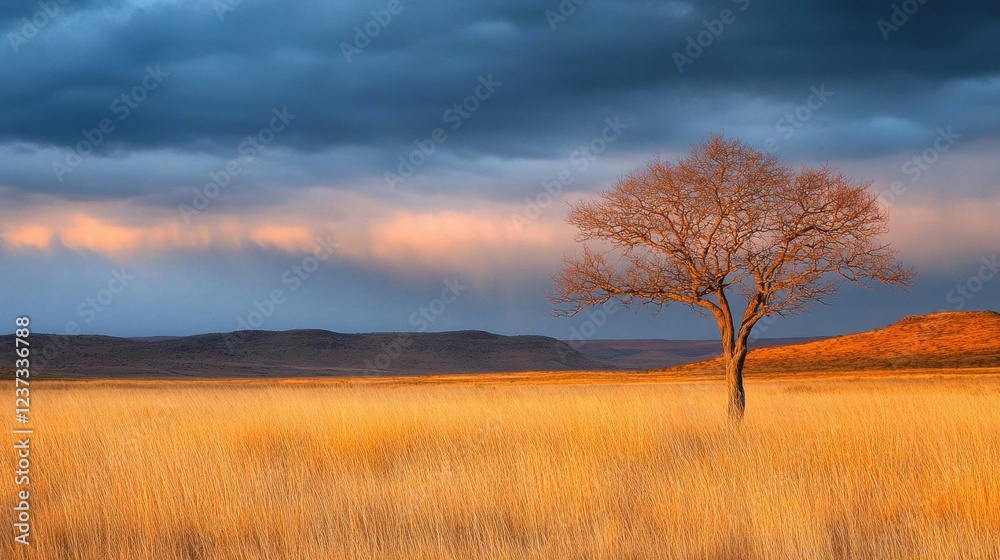 Vibrant sunset fills the horizon with warm light, illuminating the golden grassland and highlighting a lone tree in the distance Vibrant sunset fills the horizon with warm light, illuminating the golden grassland and highlighting a lone tree in the distance