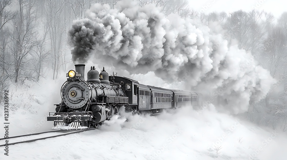Obraz premium Steam train in snowy forest, winter travel.