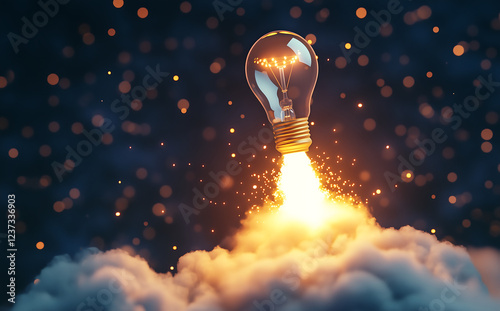 Glowing lightbulb launching like a rocket against a dark background, creative concept symbolizing ideas and innovation