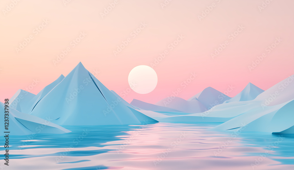 Surreal pastel landscape with floating icebergs and a glowing sun over calm waters, dreamy fantasy scene in soft pink and blue tones