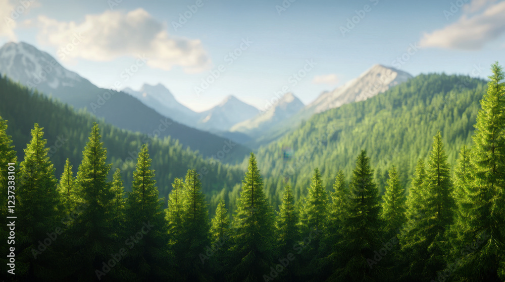 Fototapeta premium Lush green trees and majestic mountains create serene landscape, showcasing nature beauty and tranquility. vibrant foliage contrasts with distant peaks, inviting exploration