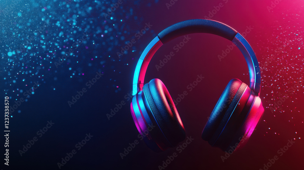Dynamic headphones with vibrant colors and sparkling background create energetic atmosphere. Perfect for music lovers and tech enthusiasts Dynamic headphones with vibrant colors and sparkling background create energetic atmosphere. Perfect for music lovers and tech enthusiasts