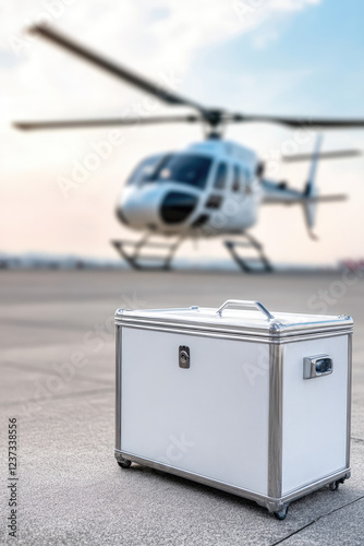 Medical cooler box for organ transport on the background of a medical helicopter. Emergency transportation and logistics of organs for transplantation